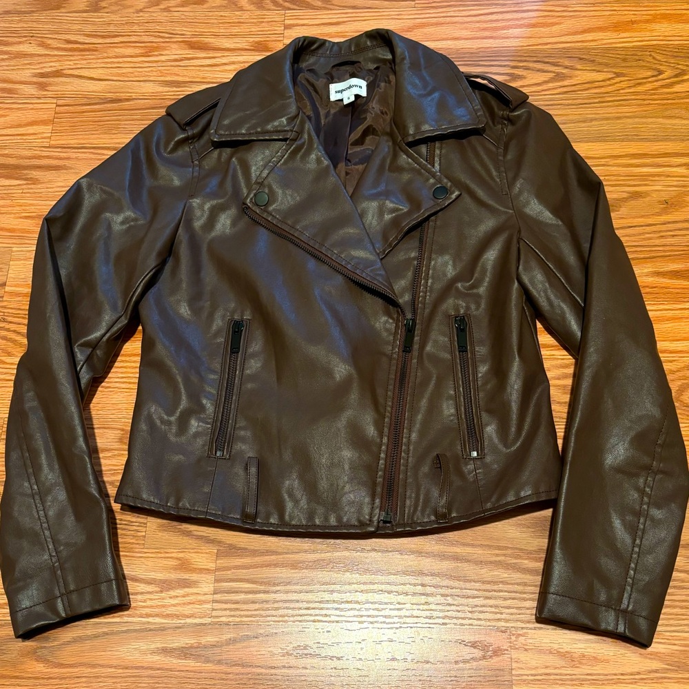 Superdown coffee-brown faux leather Moto Jacket size S